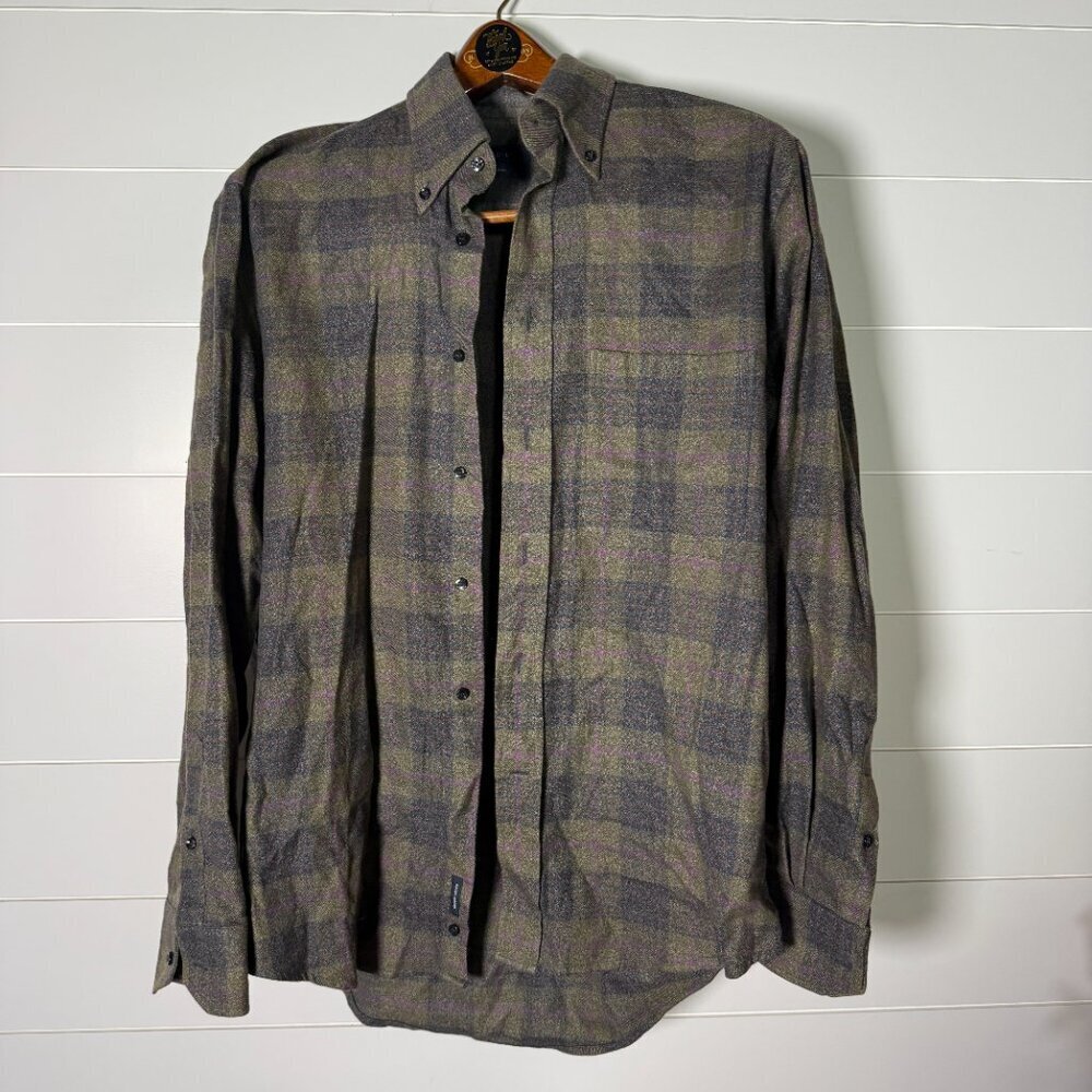 Bruli Long Sleeve Button Up Plaid Shirt Olive Green Purple Dk. Gray Sz Medium